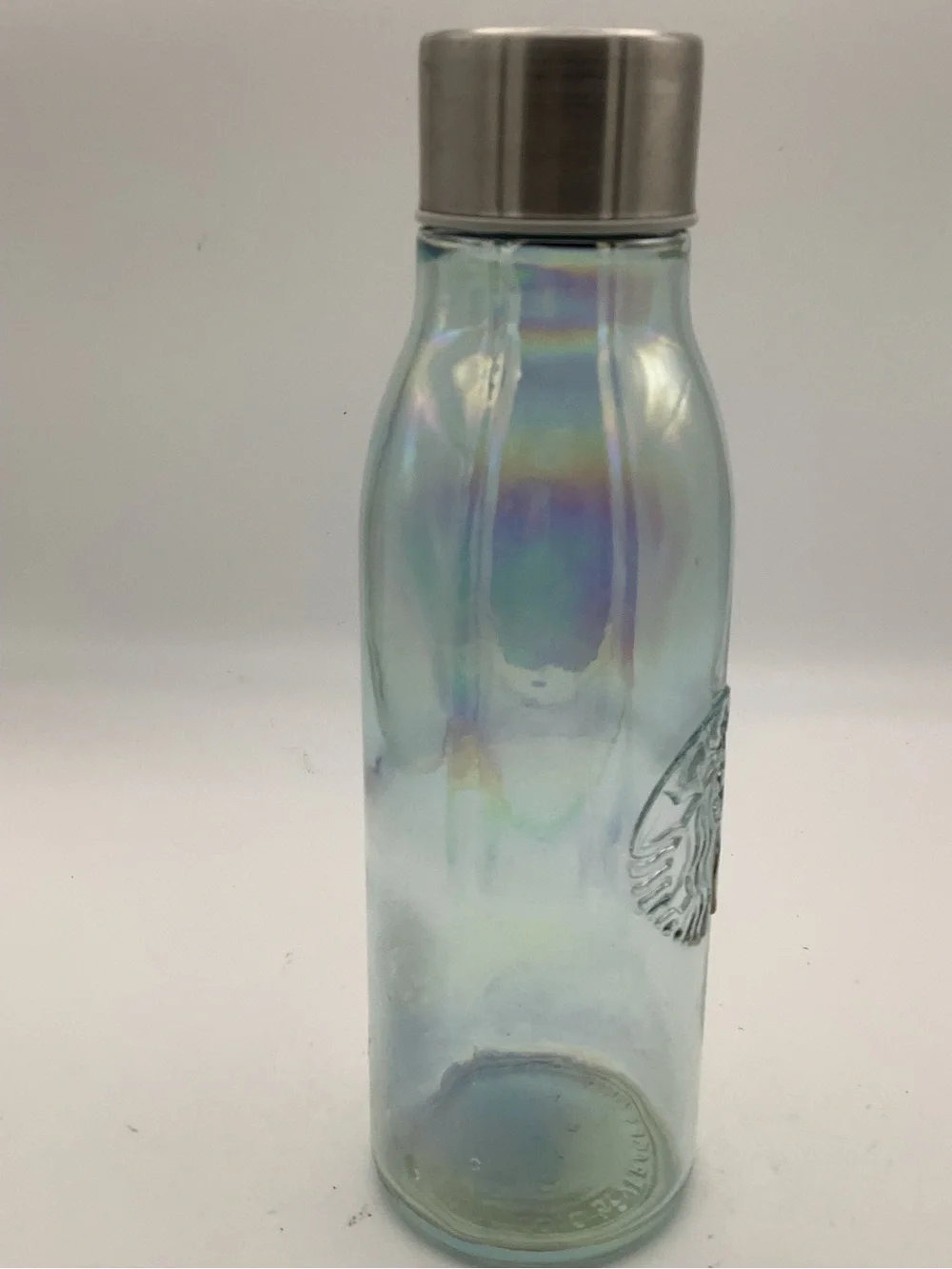 Starbucks Iridescent Glass Water Bottle with Embossed Siren Logo & Stainless Cap